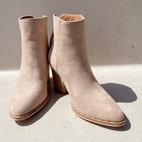 Taupe Faux Suede Pointed Toe Rivet Mini Studded Block Heel Ankle Bootie Boot - Picture 4 of 16